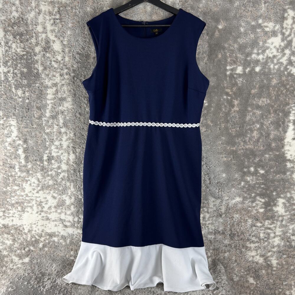 ILE New York Size 14 Party Sheath Midi Dress Navy Sleeveless Zip Stretch